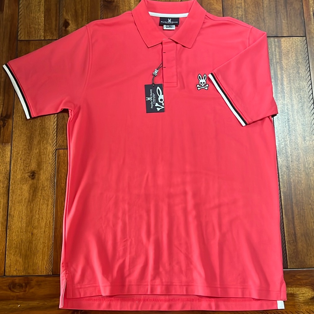 Psycho Bunny NWT Men’s polo shirt size 7 UK coral with black/white accents